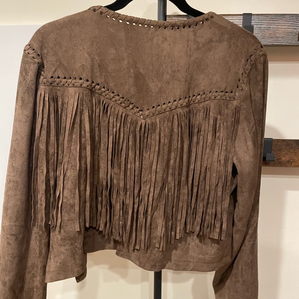 Brown faux suede fringe jacket